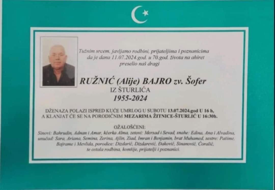 Na Ahiret preselio Ružnić (Alije) Bajro zv. Šofer | Cazin.NET