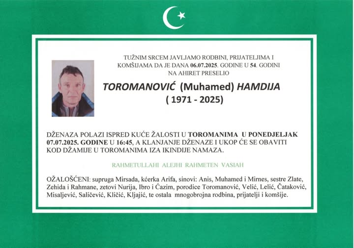 Na Ahiret preselio Toromanović (Muhamed) Hamdija | Cazin.NET