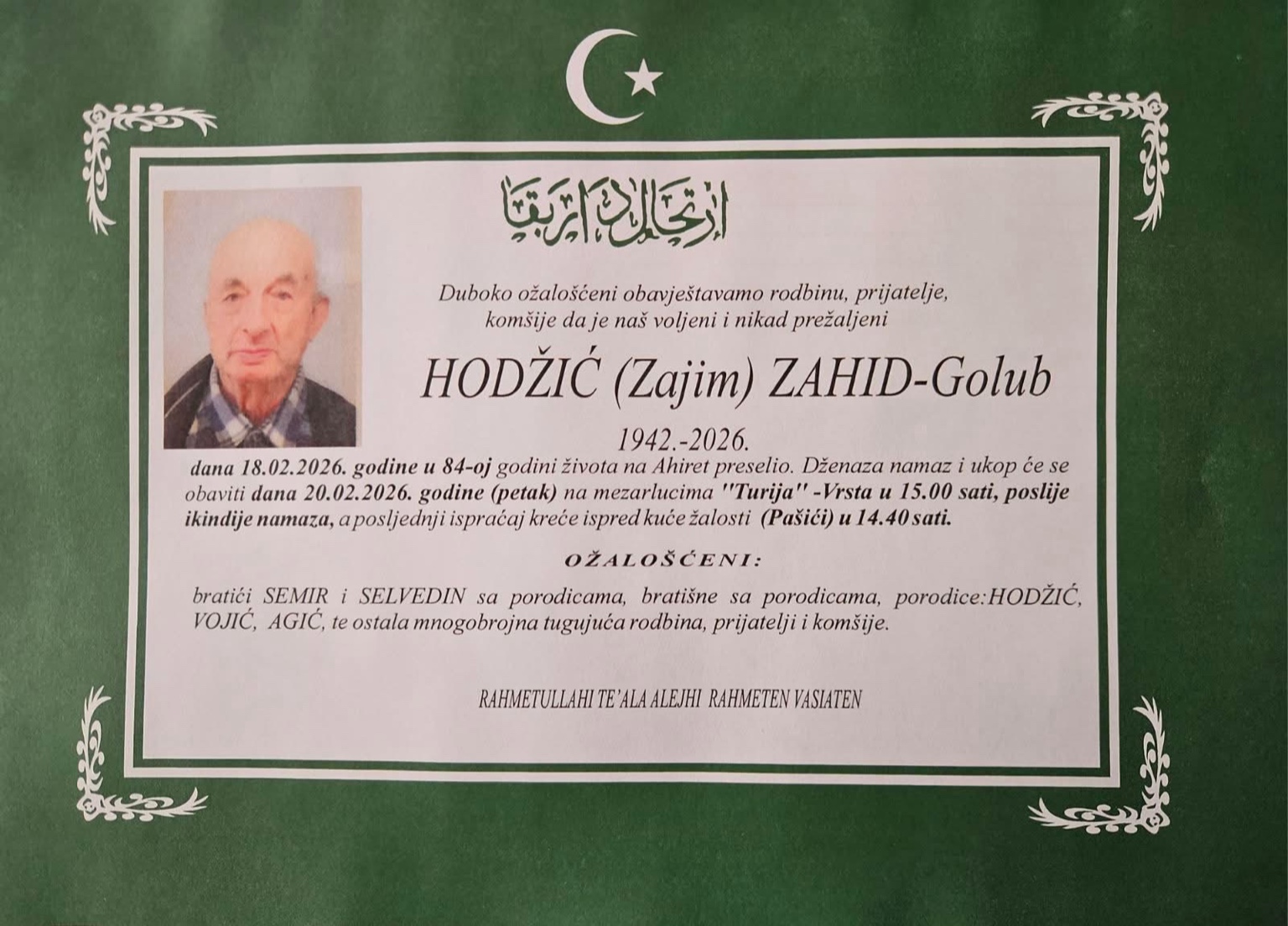 Na Ahiret preselio Hodžić (Zajim) Zahid-Golub | Cazin.NET