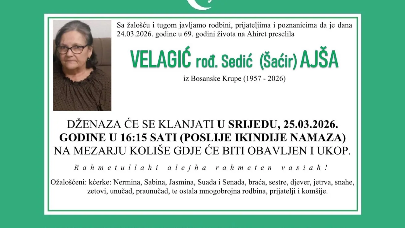 Velagić, rođ. Sedić (&Scaron;aćir) Aj&scaron;a