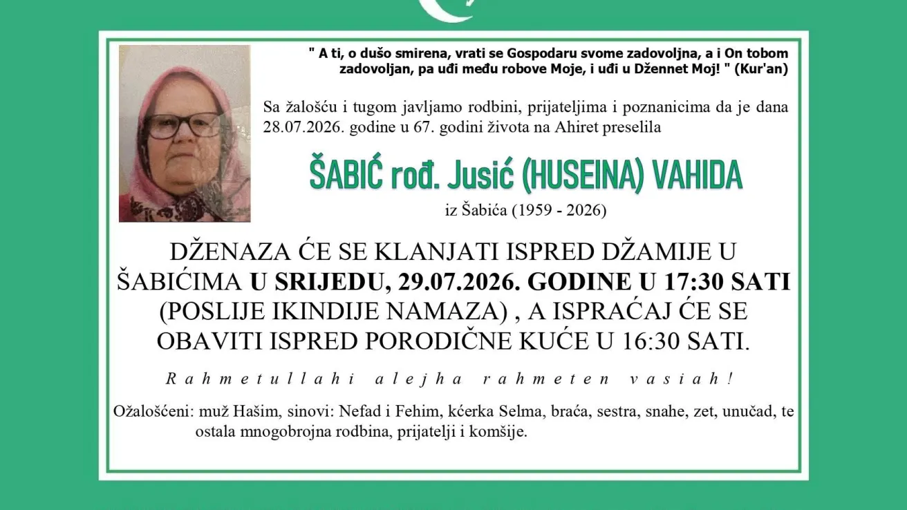 &Scaron;abić rođ. Jusić (Huseina) Vahida