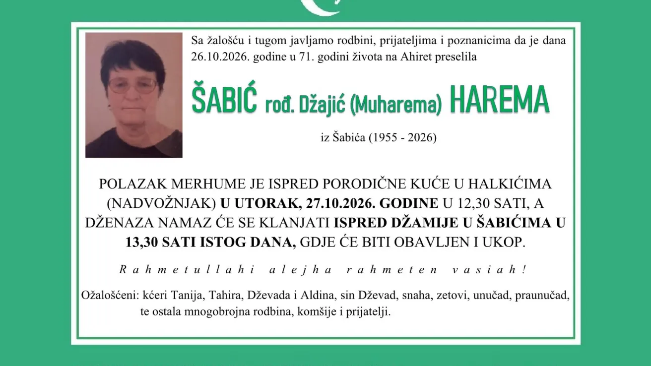 &Scaron;abić rođ. Džajić (Muharema) Harema