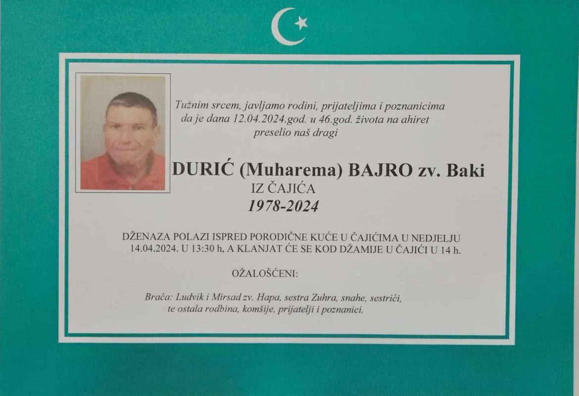 Na Ahiret preselio Durić (Muharema) Bajro zv. Baki