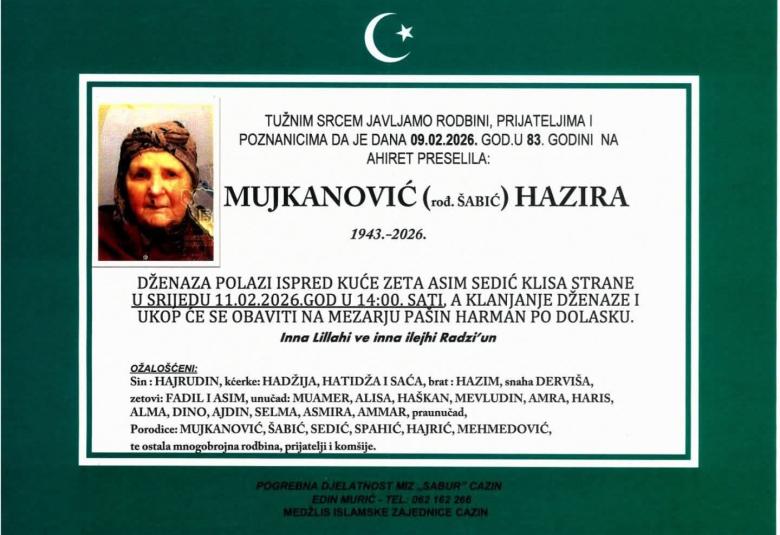 Mujkanović (rođ. &Scaron;abić) Hazira