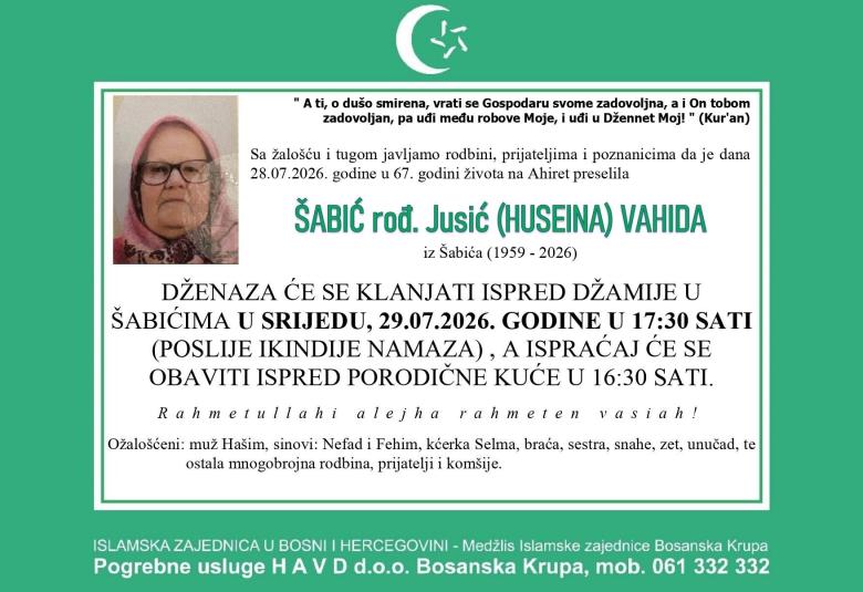 &Scaron;abić rođ. Jusić (Huseina) Vahida