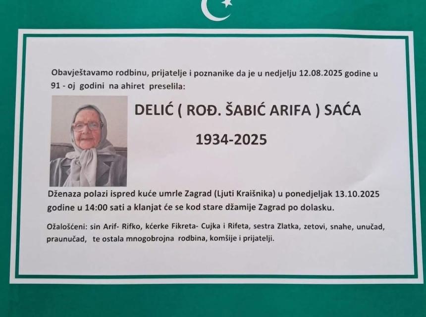 Delić (rođ. Šabić Arifa) Saća