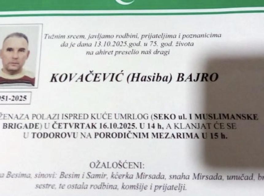 Na Ahiret preselio Kovačević (Hasiba) Bajro | Cazin.NET