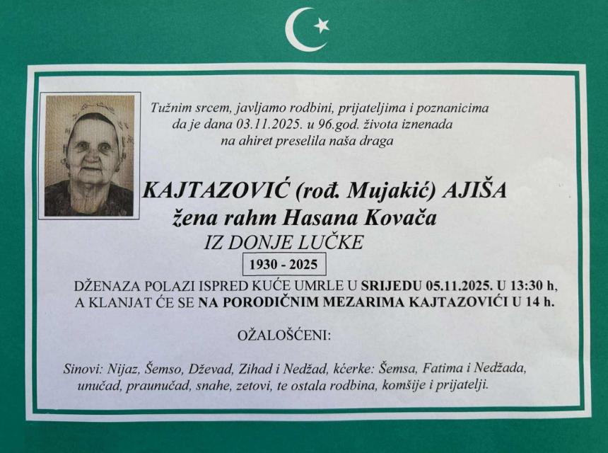 Da joj Allah dž.š. podari džennet, a porodici sabur.              Napomena:  Našim posjetiteljima nudimo besplatne oglase za obavijesti o smrti. Pošaljite nam smrtovnicu osobe za koju želite dati oglas na mail info@cazin.net ili porukom u inbox Facebook stranice cazin.net, koju ćemo blagovremeno objaviti putem portala.