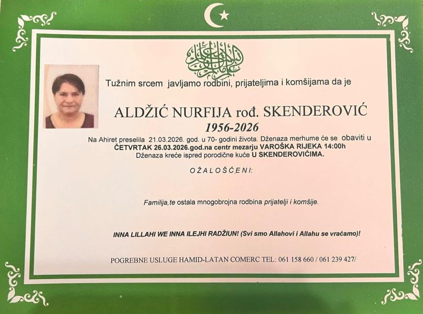 Aldžić Nurfija, rođ. Skenderović (1956&ndash;2026)