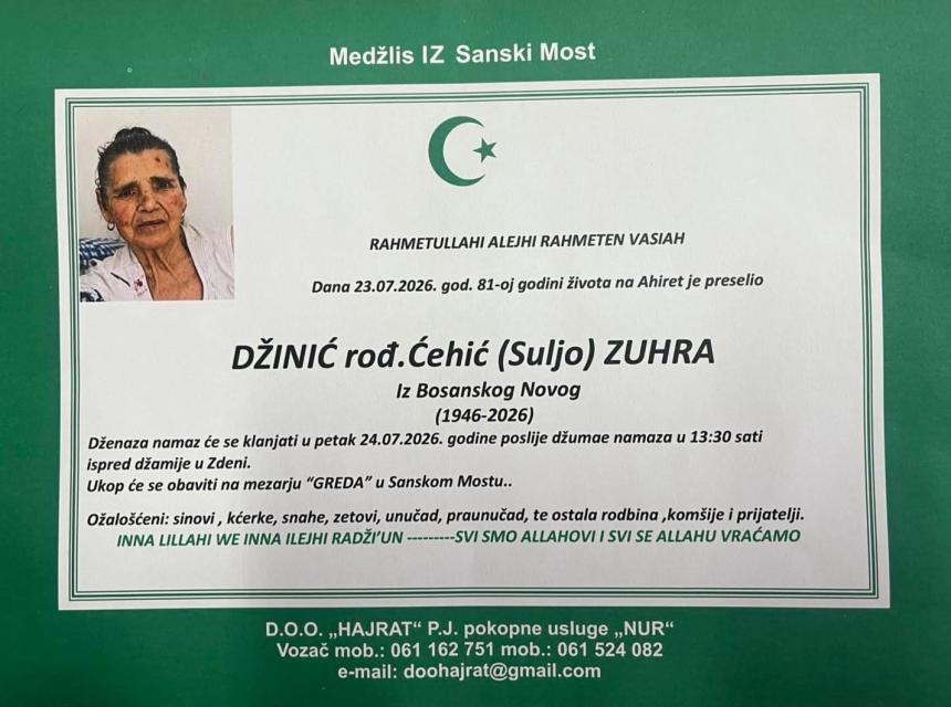Džinić, rođ. Čehić (Suljo), Zuhra