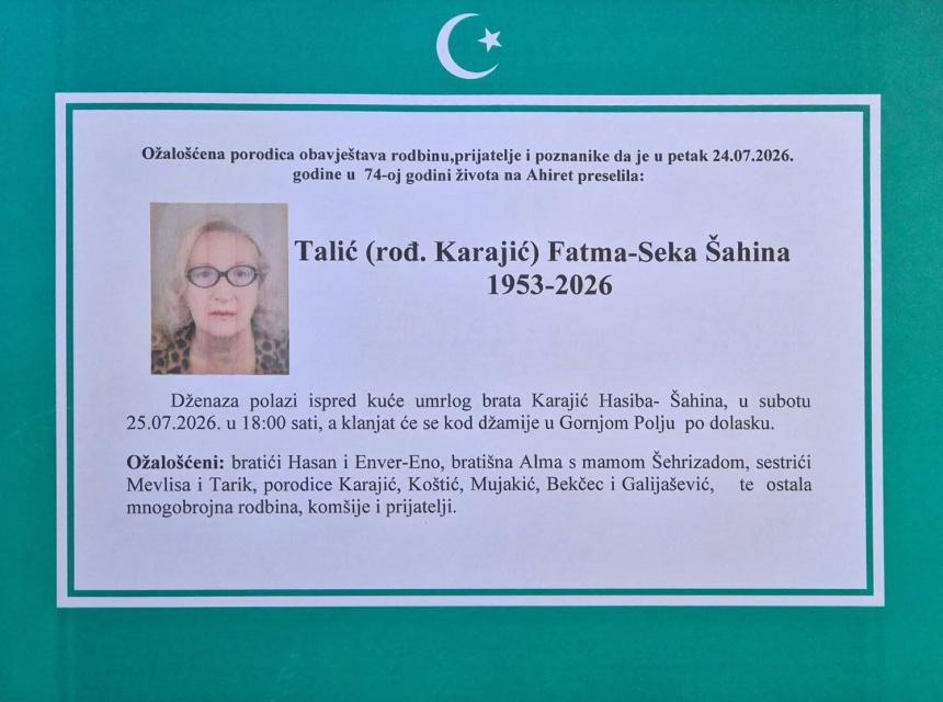 Talić (rođ. Karajić) Fatma-Seka &Scaron;ahina