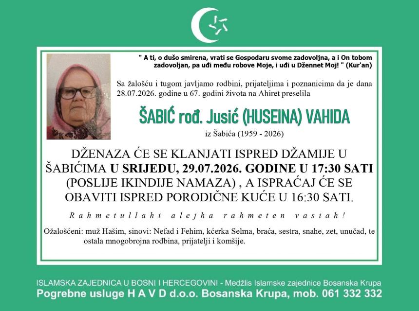 &Scaron;abić rođ. Jusić (Huseina) Vahida