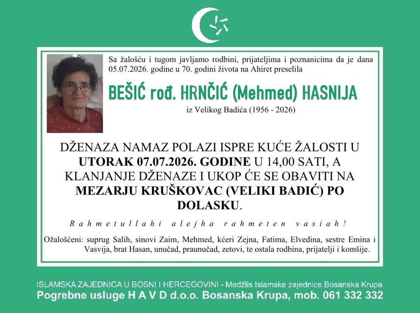 Be&scaron;ić rođ. Hrnčić (Mehmed) Hasnija