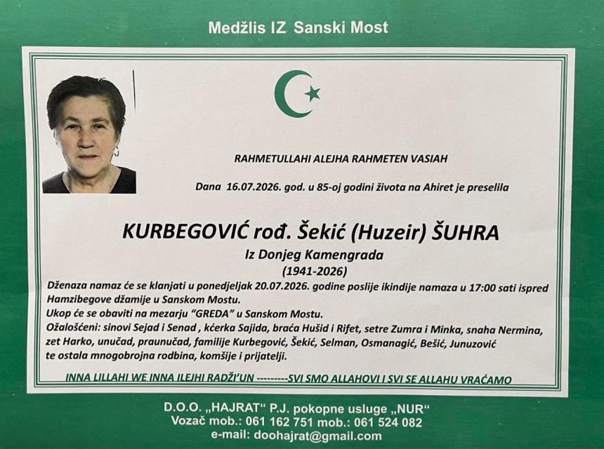Kurbegović rođ. &Scaron;ekić (Huzeir) &Scaron;uhra