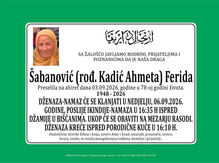 &Scaron;abanović (rođ. Kadić Ahmeta) Ferida
